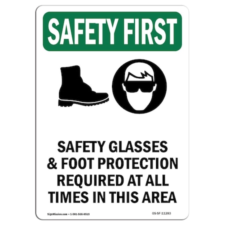 OSHA SAFETY FIRST Sign, Safety Glasses And Foot W/ Symbol, 5in X 3.5in Decal